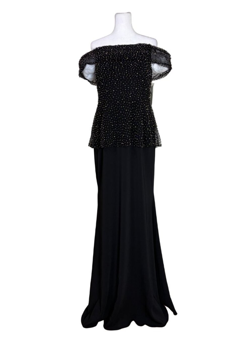 Badgley Mischka Black Off-Shoulder Beaded Evening Gown